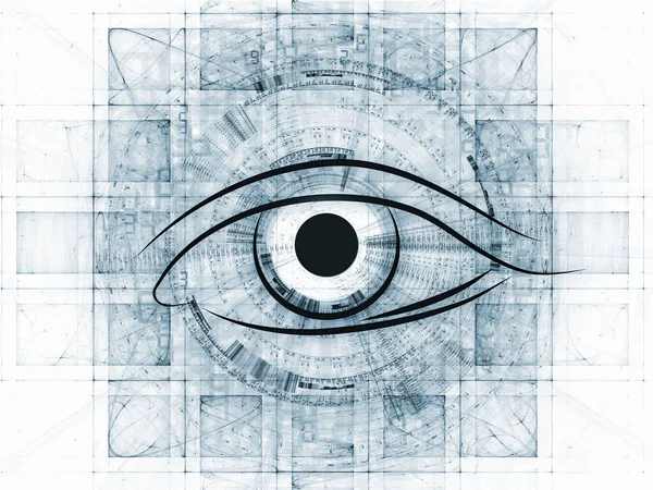 使用现代技术 机械进步 人工智能技术 虚拟现实技术和数码成像时 项目的背景所作的眼睛概述 分形和抽象设计元素 — 图库照片