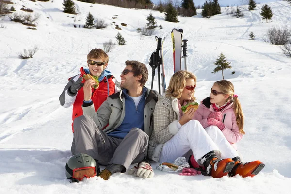 Familia Joven Compartiendo Picnic Vacaciones Esquí —  Fotos de Stock