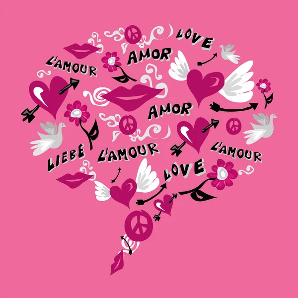 Bublina Řeči Sociálních Médií Ikonami Lásky Přes Růžové Pozadí — Stock fotografie