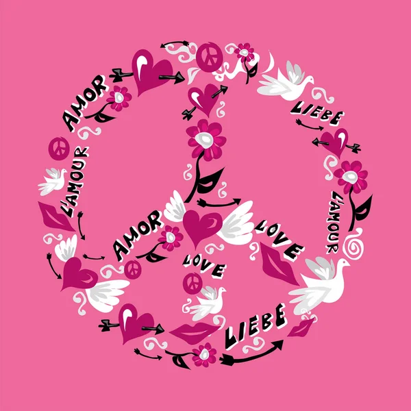 Símbolo Paz Feito Com Ícones Amor Sobre Fundo Rosa Arquivo — Fotografia de Stock