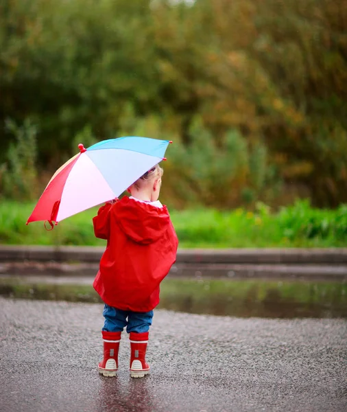 Back View Toddler Girl Colorful Umbrella Outdoors Rainy Day Royalty Free Stock Photos