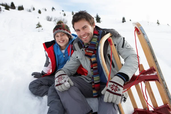Young Father Son Snow Sled — Stock Photo, Image