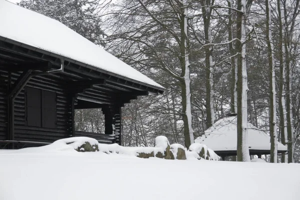 지방에 겨울에 내리는 오두막집의 — 스톡 사진