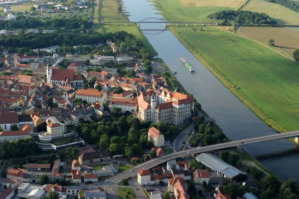 Aerial View Torgau Hartenfels Castle Barge River Elbe — Stock Photo, Image