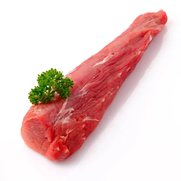 Rohes Schweinefleisch Filet Oder Roastbeef Isoliert Auf Weißem Hintergrund — Stockfoto