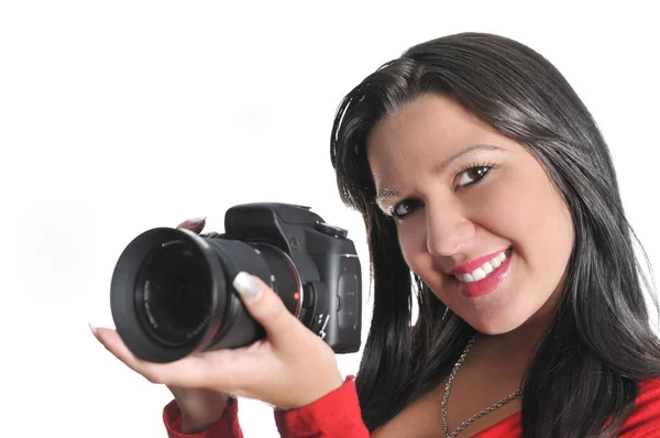 Jonge Vrouw Houdt Camera Hand Nemen Foto Geïsoleerd — Stockfoto