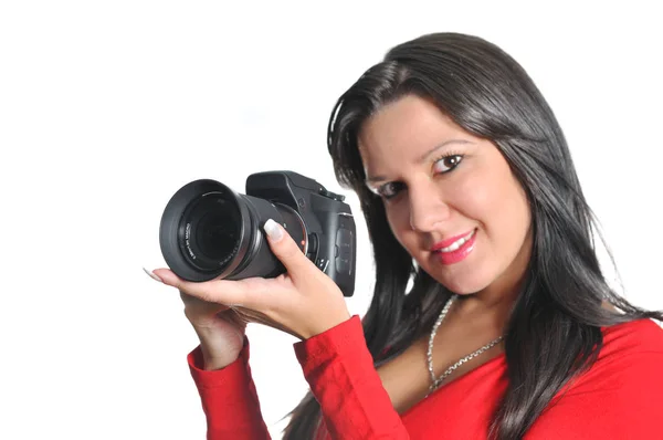 Jonge Vrouw Houdt Camera Hand Nemen Foto Geïsoleerd — Stockfoto