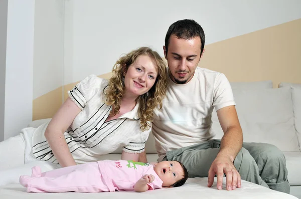 Indoor Portrait Happy Young Famil Cute Little Babby — Stock Photo, Image