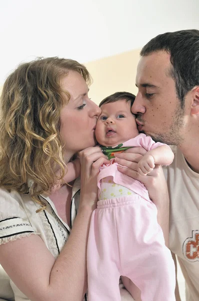 Indoor Portrait Happy Young Family Cute Little Babby — Stock Photo, Image