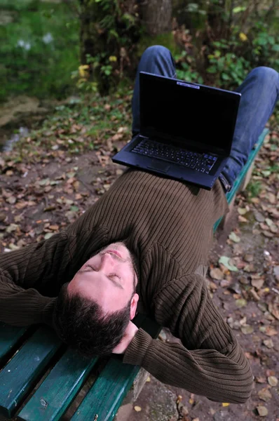 One Young Businessman Working Laptop Outdoor Green Nature Background — Stock Photo, Image