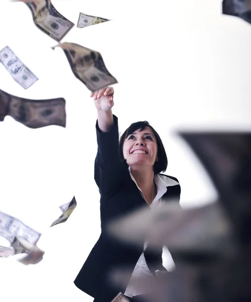 Gelukkig Jonge Zakenvrouw Geïsoleerd Witte Spelen Met Geld Van Dollar — Stockfoto