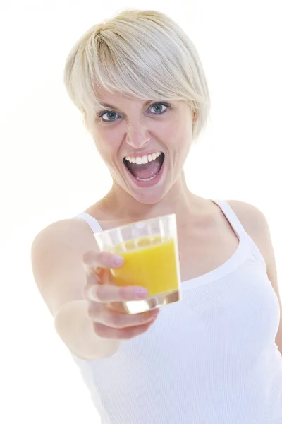 Lycklig Ung Blond Kvinna Dricker Apelsinjuice Isolerad Över Vit Bakgrund — Stockfoto