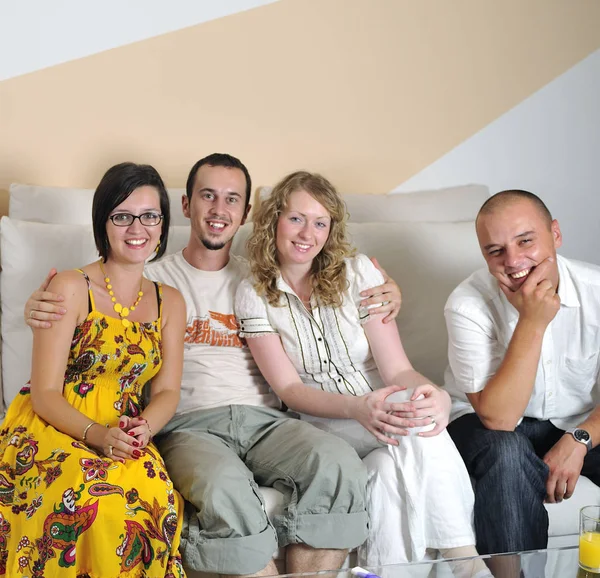 Group People Sitting Sofa Home — Stock Photo, Image