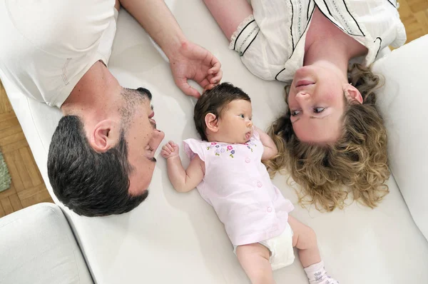 Indoor Portrait Happy Young Family Cute Little Babby — Stock Photo, Image