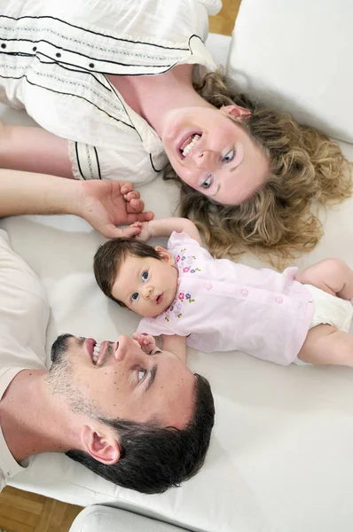 Indoor Portrait Happy Young Family Cute Little Babby — Stock Photo, Image