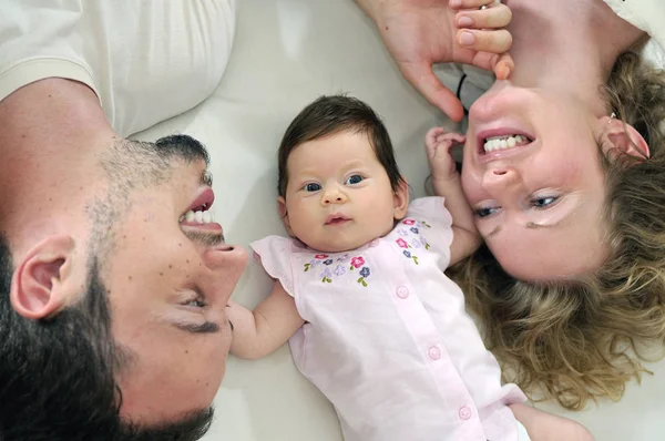 Indoor Portrait Happy Young Family Cute Little Babby — Stock Photo, Image