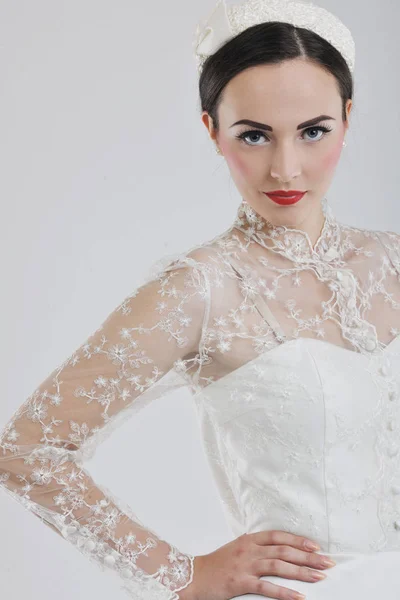Beautiful Young Bride Wearing Wedding Dress Retro Fashion Style Isolated — Stock Photo, Image
