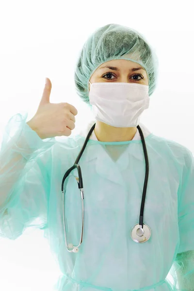 Jovem Enfermeira Médica Feliz Mulher Com Estetoscópio Isolado Branco — Fotografia de Stock