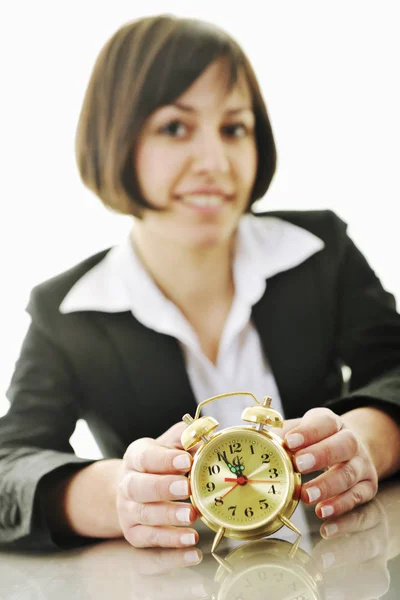 Concept Gestion Temps Avec Jeune Femme Affaires Isolée Sur Blanc — Photo