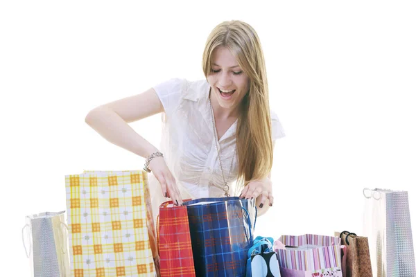 Felice Giovani Donne Adulte Shopping Con Borse Colorate Isolato Sfondo — Foto Stock