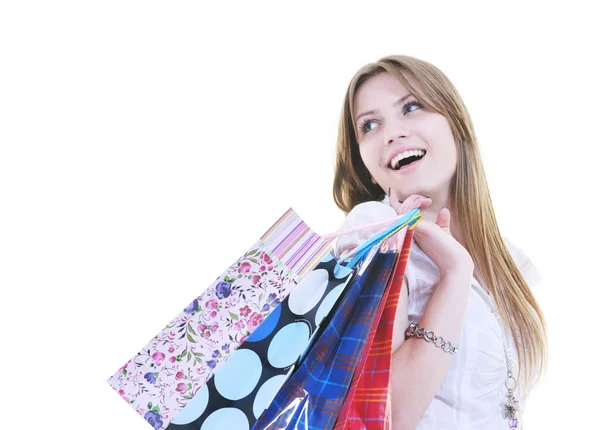 Felizes Jovens Mulheres Adultas Compras Com Sacos Coloridos Isolados Sobre — Fotografia de Stock