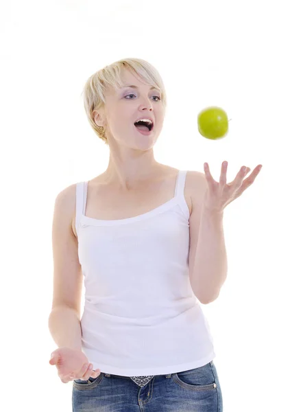 Happy Young Woman Eat Green Apple Isolated White Backround Studio — Stock Photo, Image