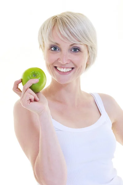 Gelukkig Jonge Vrouw Eten Groene Appel Geïsoleerd Witte Backround Studio — Stockfoto