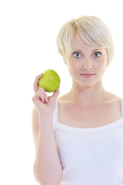 Gelukkig Jonge Vrouw Eten Groene Appel Geïsoleerd Witte Backround Studio — Stockfoto