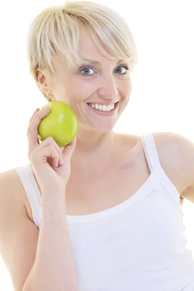 Heureuse Jeune Femme Manger Pomme Verte Isolé Sur Fond Blanc — Photo