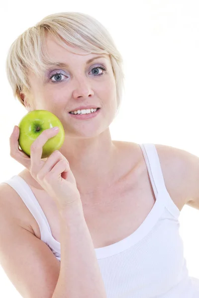 Lycklig Ung Kvinna Äter Grönt Äpple Isolerad Vit Bakrund Studion — Stockfoto