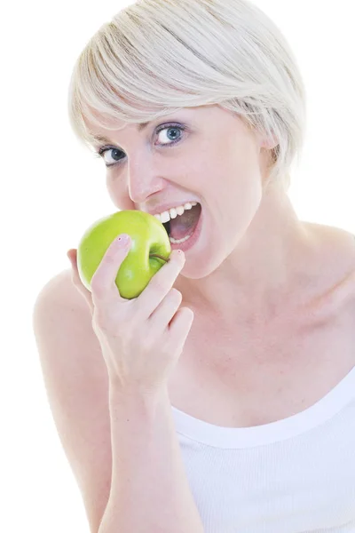 Gelukkig Jonge Vrouw Eten Groene Appel Geïsoleerd Witte Backround Studio — Stockfoto