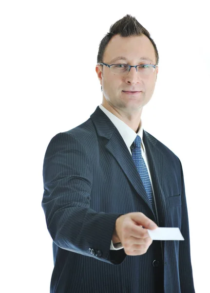 Retrato Jovem Empresário Com Cartão Visita Vazio Isolado Branco — Fotografia de Stock