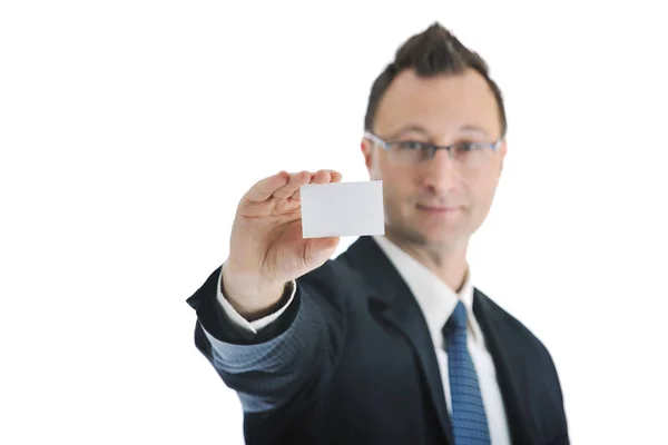 Portrait Young Businessman Empty Business Card Isolated White — Stock Photo, Image