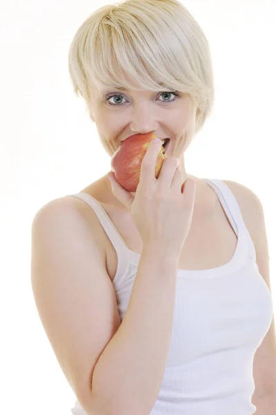 Feliz Jovem Mulher Comer Maçã Verde Isolado Fundo Branco Estúdio — Fotografia de Stock