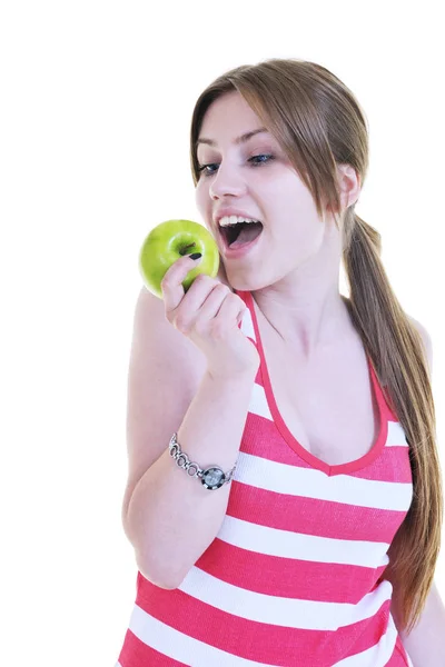 Feliz Jovem Mulher Comer Maçã Verde Isolado Fundo Branco Estúdio — Fotografia de Stock