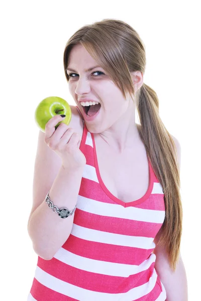 Heureuse Jeune Femme Manger Pomme Verte Isolé Sur Fond Blanc — Photo