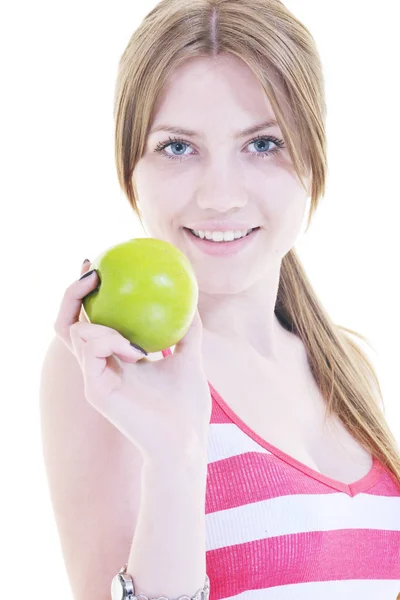 Stüdyo Beyaz Elma Izole Kadın Mutlu Yeşil Yemek — Stok fotoğraf