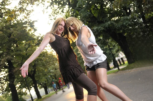 Two Girls Together Dancing Position Ready Party Bright Sun Flares — Stock Photo, Image