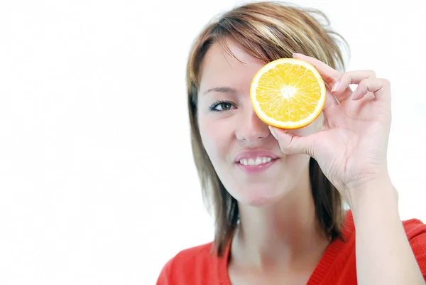 Jolie Femme Aux Fruits Orange — Photo