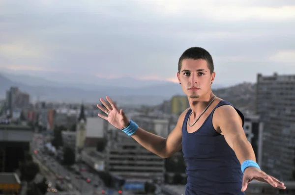 Young Man Dancing Jumping Top Building — Stock Photo, Image