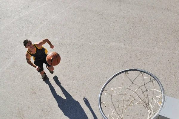 Gorup Young Boys Who Playing Basketball Outdoor Street Long Shadows — Stock Photo, Image