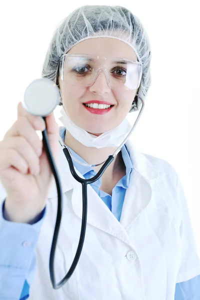 Isolerade Vuxen Kvinna Sjuksköterska Porträtt Med Stetoskop — Stockfoto