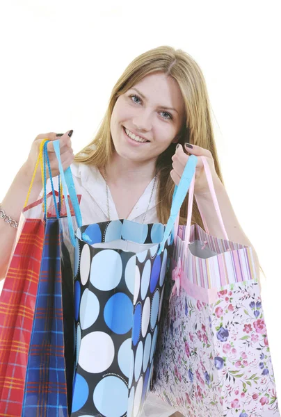 Glücklich Junge Erwachsene Frauen Einkaufen Mit Farbigen Taschen Isoliert Über — Stockfoto