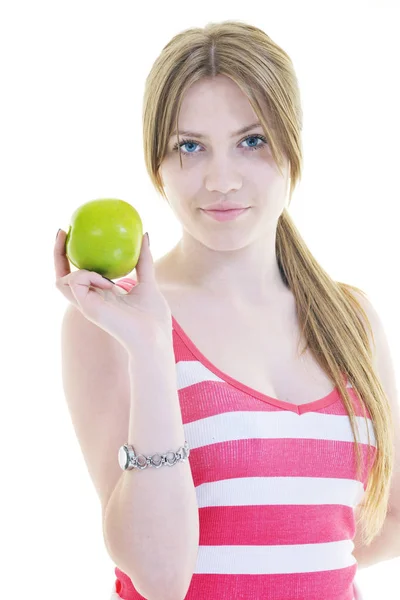 Happy Young Woman Eat Green Apple Isolated White Backround Studio Stock Picture