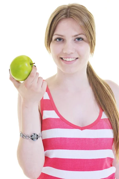 Happy Young Woman Eat Green Apple Isolated White Backround Studio Stock Picture