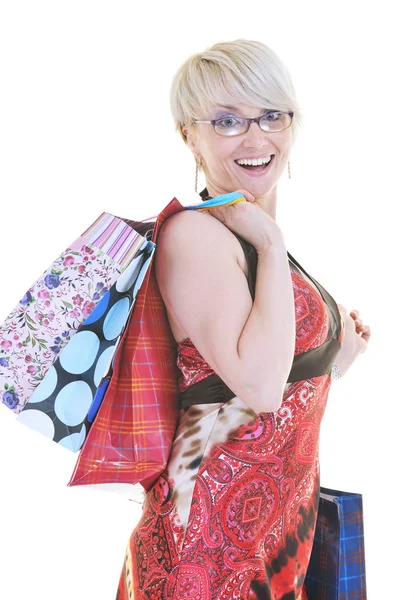 Felices Mujeres Adultas Jóvenes Compras Con Bolsas Colores Aislados Sobre — Foto de Stock