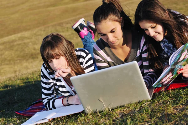 Grupo Adolescente Mulher Livre Divertir Estudar Lição Casa Computador Portátil — Fotografia de Stock