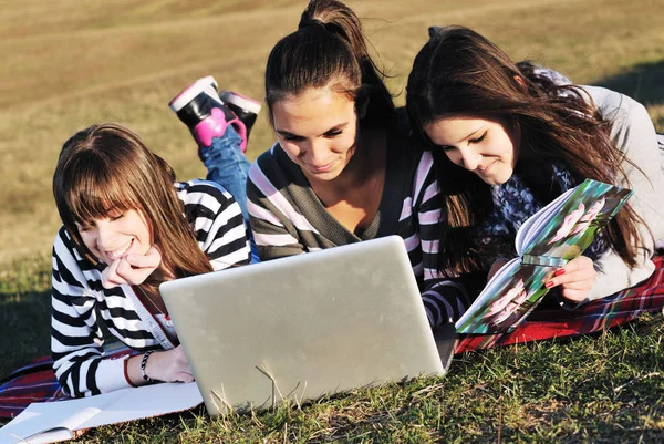 Genç Kız Kadın Açık Grup Eğlenceli Ödev Dizüstü Bilgisayar Üzerinde — Stok fotoğraf