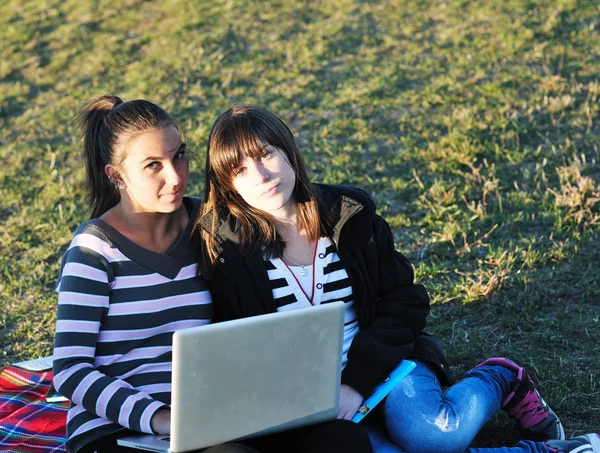 Group Teen Girl Woman Outdoor Have Fun Study Homework Laptop — Stock Photo, Image