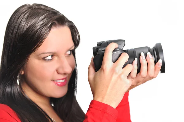 Young Woman Holding Camera Hand Taking Picture Isolated — Stock Photo, Image